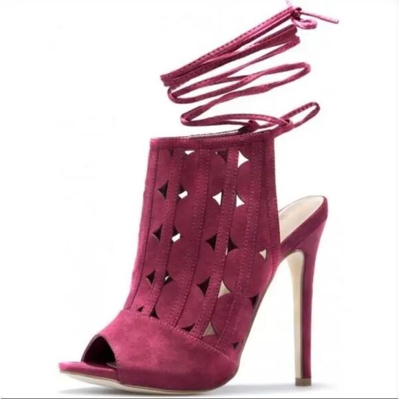 SHOEDAZZLE MAROON 'RACHEL'S LASER-CUT SINGBACK HEELS SANDAL - Picture 12 of 15